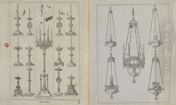 Designs for Gothic Standing Candlesticks and Incense Burners Oil Painting by Augustus Pugin