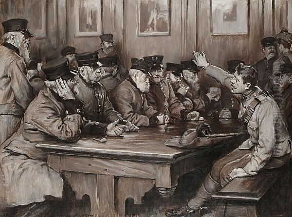 Chelsea Pensioners In Discussion, Thought To Be During The Boer War Oil Painting by Lance Calkin