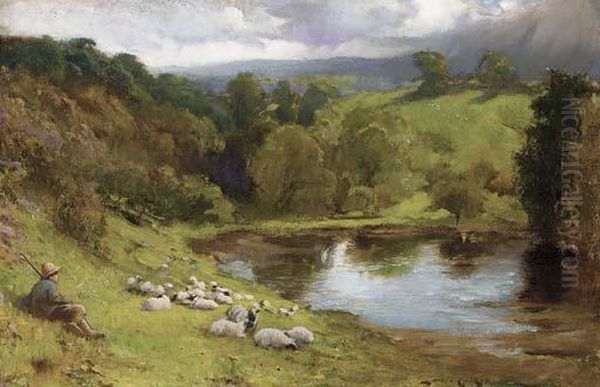 A Shepherd Resting With His Flock By A Lake Oil Painting by Lance Calkin