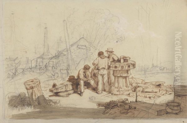 Study of Fishermen and Gear Oil Painting by Edward Duncan