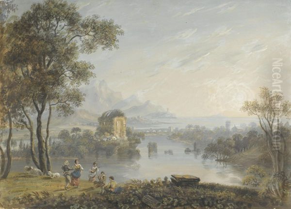 Figures Dancing And Playing Musical Instruments In A Claudian Landscape Oil Painting by Adam Callander