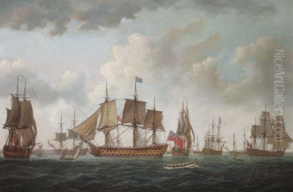 H.m.s. Queen Charlotte With The British Squadron And Allied Men-of-war At Spithead, Prior To Sailing To Ushant In 1794 Oil Painting by Adam Callander