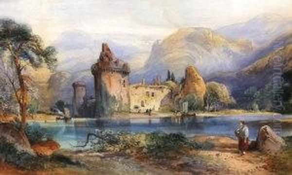 Lakeside Castle Ruins With Mountains Behind Oil Painting by A. Callcott