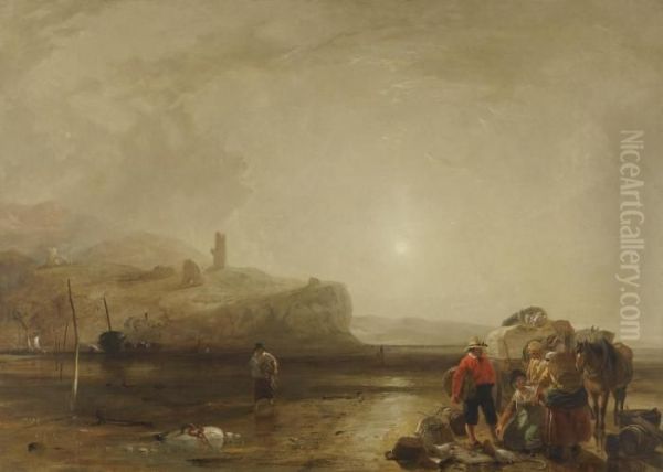 A Coastal Scene With Figures Bargaining For Fish Oil Painting by Sir Augustus Wall Callcott