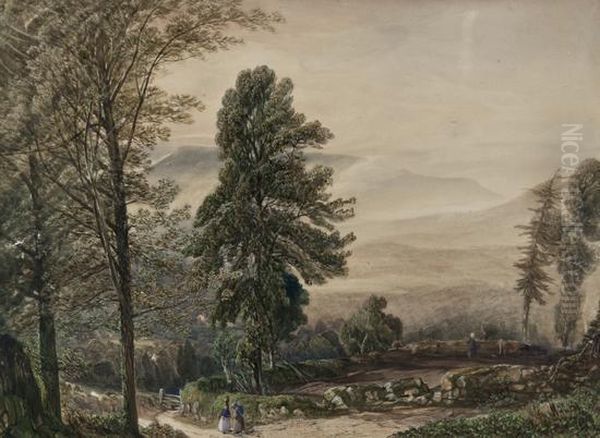 Figures In A Landscape 
Watercolour Oil Painting by William James Callcott