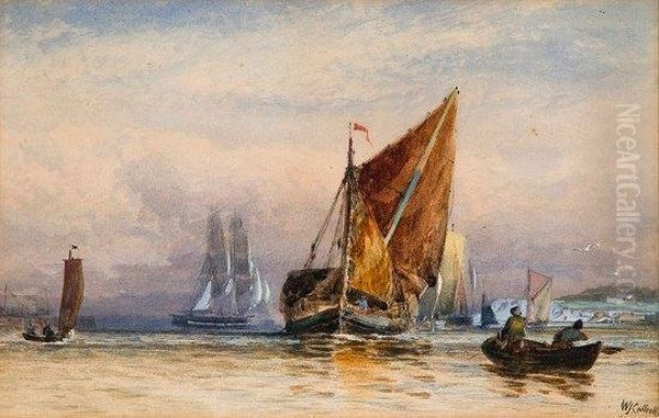 Barges And Other Vessels On Still Waters With Quayside Beyond Oil Painting by William James Callcott