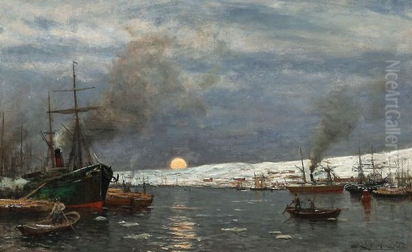 Moonlight in the Harbor Oil Painting by Berndt Lindholm