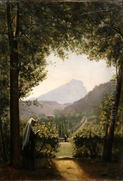 La montagne Sainte Victoire a Aix vue du jardin d'un monastere. Oil Painting by Francois Marius Granet