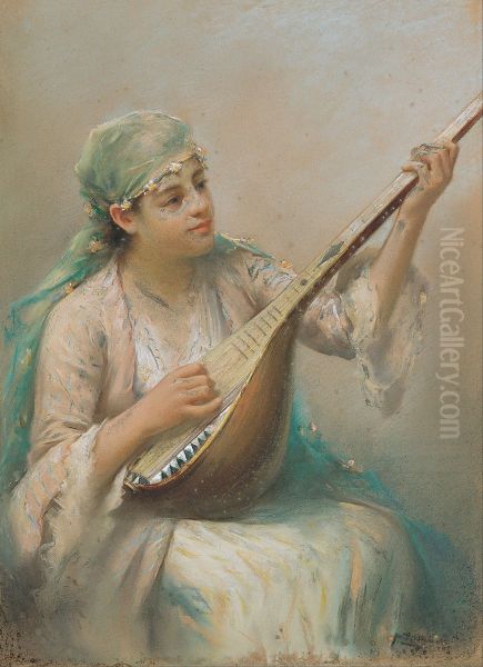 Woman Playing a String Instrument Oil Painting by Fausto Zonaro