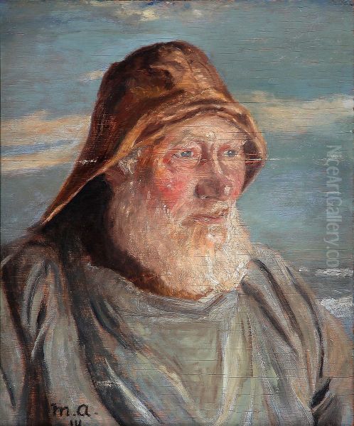 An old fisherman of Skagen with a sou'wester. Oil Painting by Michael Peter Ancher