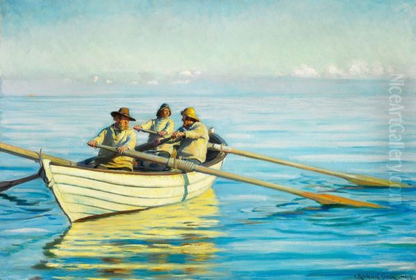 Three fishermen in a boat. Oil Painting by Michael Peter Ancher