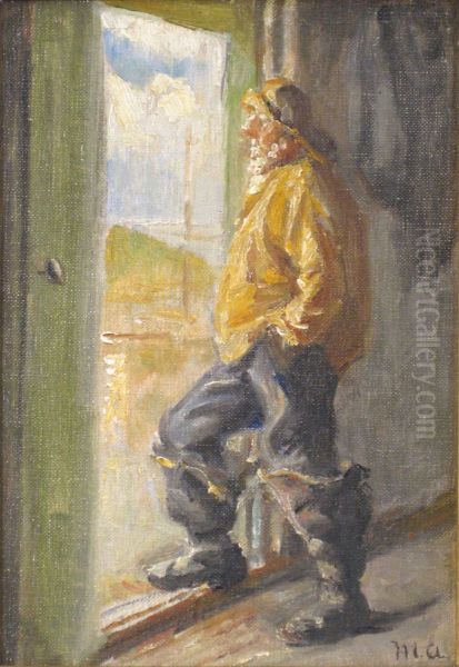 A fisherman standing at the door. Study. Oil Painting by Michael Peter Ancher