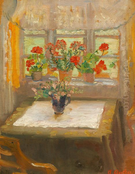 Blomster i vinduet i den lille dagligstue mod nord. Oil Painting by Anna Ancher