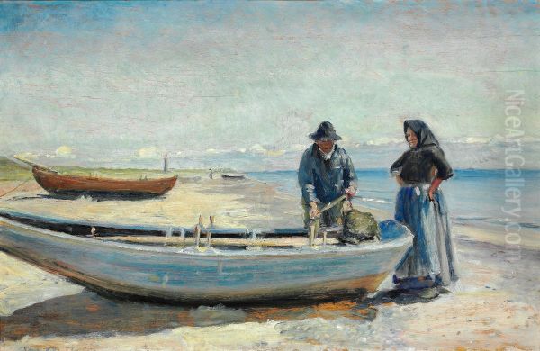 Parti fra Skagen Sonderstrand med en fisker og hans kone ved en bad, i baggrunden fyret. Oil Painting by Michael Peter Ancher