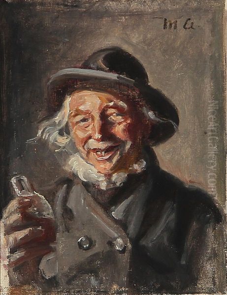 En glad mand med en klukflaske i handen. Oil Painting by Michael Peter Ancher