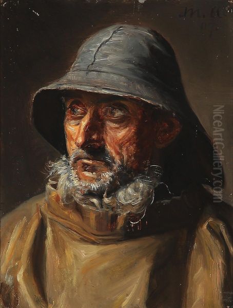 A fisherman of Skagen with a sou'wester. Oil Painting by Michael Peter Ancher