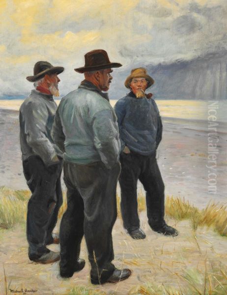 Three fishermen on the beach at Skagen. Oil Painting by Michael Peter Ancher