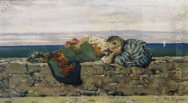 Young peasant girl lying on the parapet Oil Painting by Telemaco Signorini