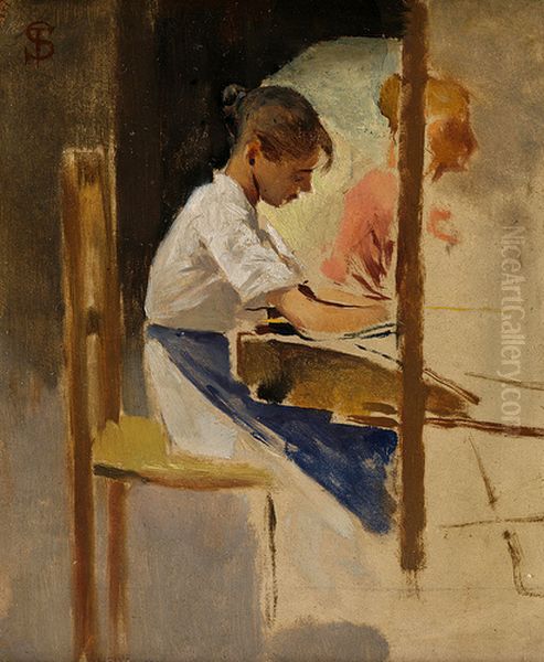 Study for 'Straw weavers at Settignano' Oil Painting by Telemaco Signorini