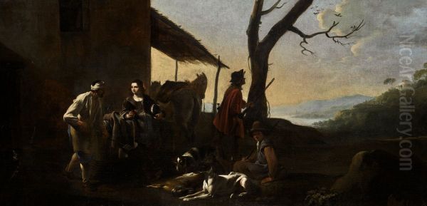 Hunting party resting by an inn Oil Painting by Michiel Sweerts