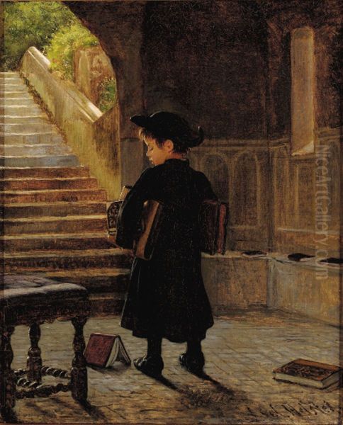 Small abbate with books under his arms. Oil Painting by Axel Helsted