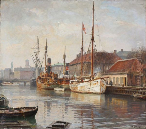 View from Frederiksholms Kanal, Copenhagen. Oil Painting by Axel Johansen