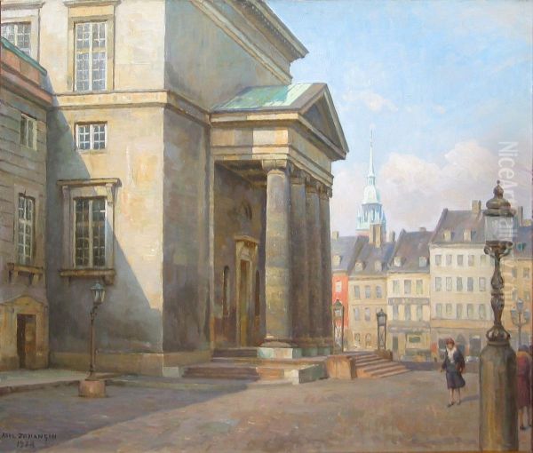 A summer day at the Slotskirken (Castle Church) of Christiansborg, Copenhagen. Oil Painting by Axel Johansen