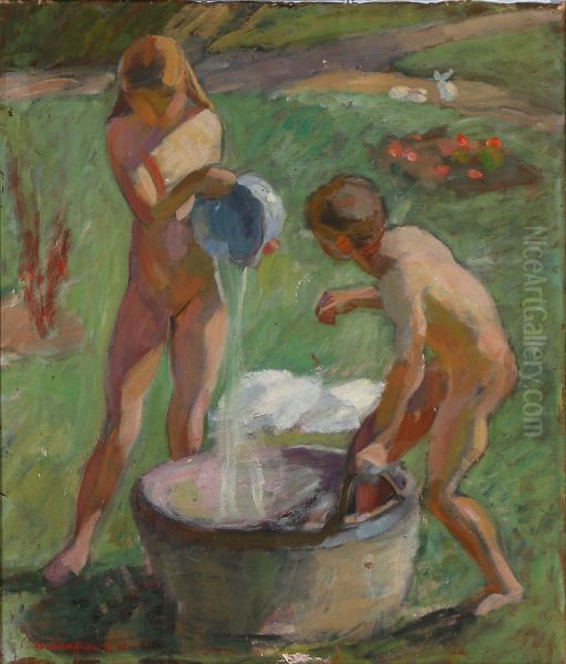 Children preparing their bath in a summer garden Oil Painting by Axel Bredsdorff