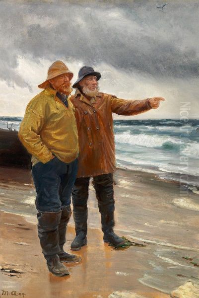 To fiskere pa stranden, den ene peger ud mod havet. Oil Painting by Michael Peter Ancher