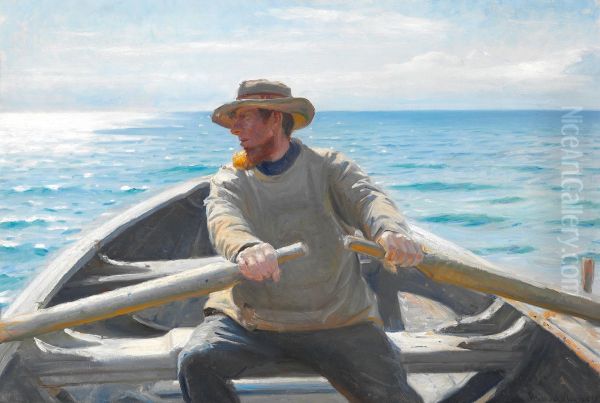 A fisherman rowing. Oil Painting by Michael Peter Ancher