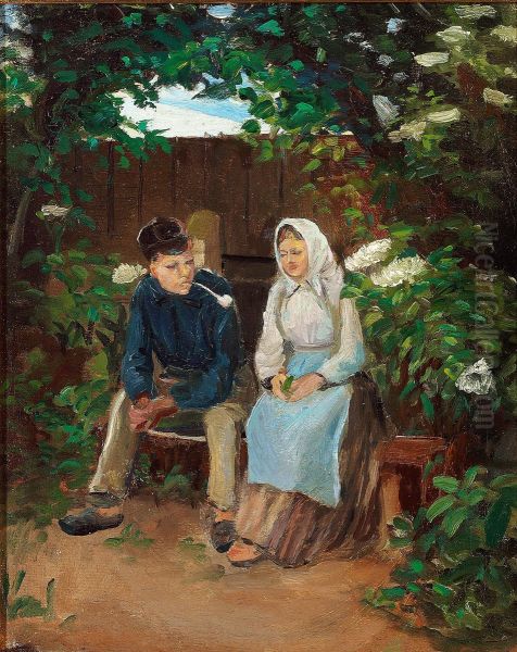 Two sweethearts on a bench. Oil Painting by Michael Peter Ancher