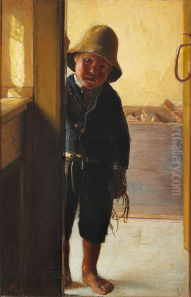 A fisherman's son looking through a doorway. Oil Painting by Michael Peter Ancher