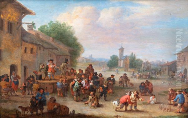 Joyous village scene with a quack selling his goods and children playing Oil Painting by Pieter Bout