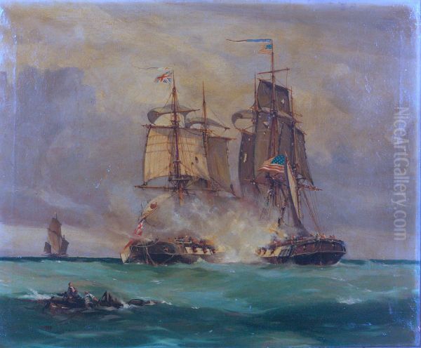 Battle Scene in the English Channel between American Ship 'Wasp' and the English Brig 'Reindeer' Oil Painting by Thomas Whitcombe