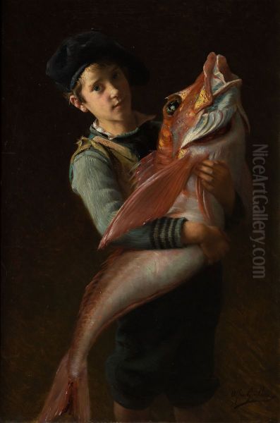 C'est mon pere qui l'a peche! Oil Painting by Alfred Guillou