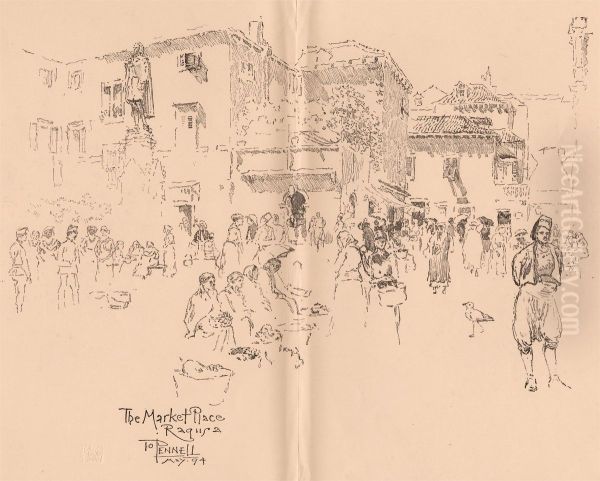 The Market Place, Raqusa (Various lithographs from 'The Studio' journal) Oil Painting by Joseph Pennell