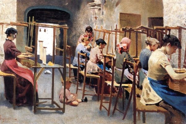 Straw weavers at Settignano Oil Painting by Telemaco Signorini