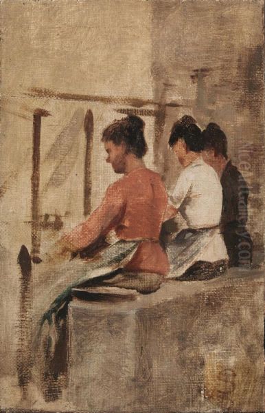 Straw Weavers Oil Painting by Telemaco Signorini