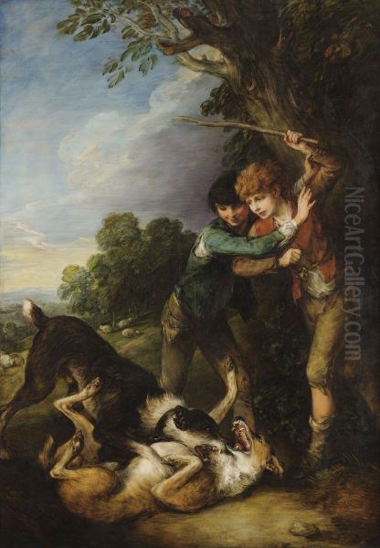 Two Shepherd Boys with Dogs Fighting Oil Painting by Thomas Gainsborough