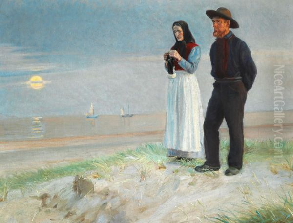 En fisker og hans kone pa stranden, solnedgang. Oil Painting by Michael Peter Ancher