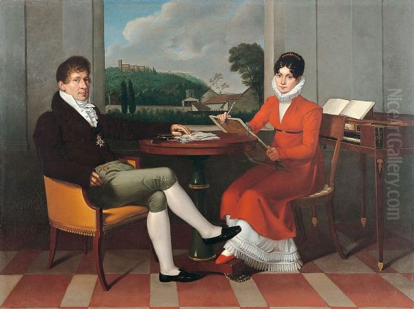 Double portrait of the composer Gaspare Spontini and his wife Celeste Oil Painting by Wilhelm Titel