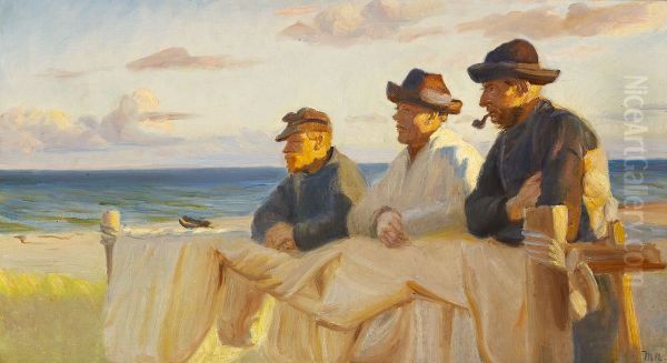 Efter fyraften. Tre fiskere nyder den sene eftermiddagssol. Oil Painting by Michael Peter Ancher