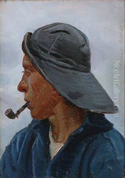 A fisherman wearing a sou'wester. Oil Painting by Michael Peter Ancher