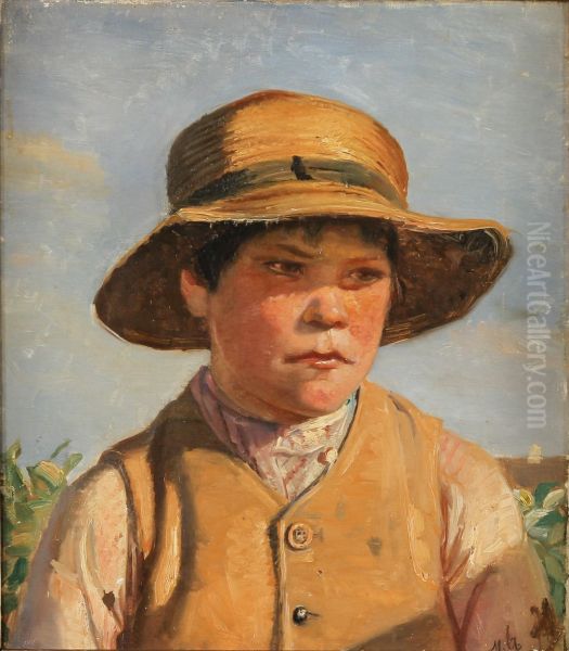 Portrait of young man with straw hat. Oil Painting by Michael Peter Ancher