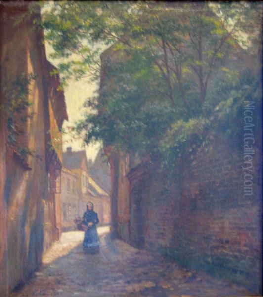 Street view with a young woman. Oil Painting by August Fischer