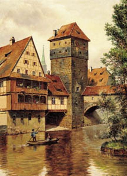 View at the Wasserturm in Nuremberg. Oil Painting by August Fischer