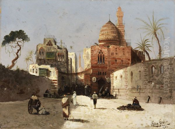 Orientalische Strassenszene mit Moschee, Minarett und Handlern auf einem Vorplatz. Oil Painting by Wilhelm Sohn