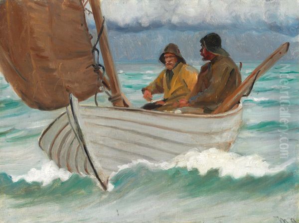 To skagensfiskere i en bad. Oil Painting by Michael Peter Ancher