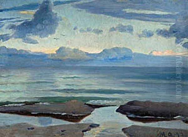 Parti fra Skagen Strand med mager i horisonten, tidlig aften. Oil Painting by Michael Peter Ancher