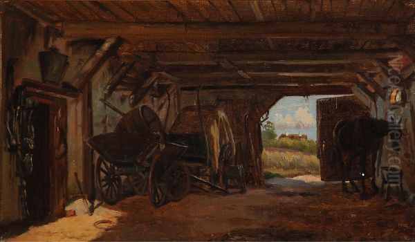 A barn with a open gate in the background Oil Painting by August Fischer